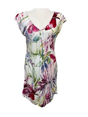 Jams World Honolulu Women Size S Dress Floral Cap Sleeve Summer White Pink Green